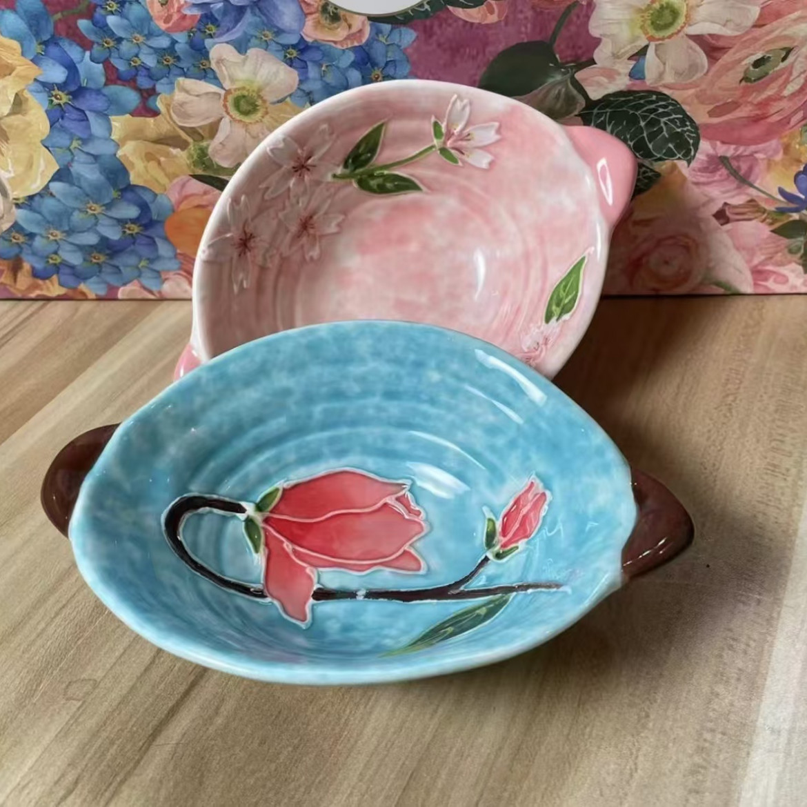 手绘珐琅樱花/郁金香-6英寸双耳元宝碟两个装