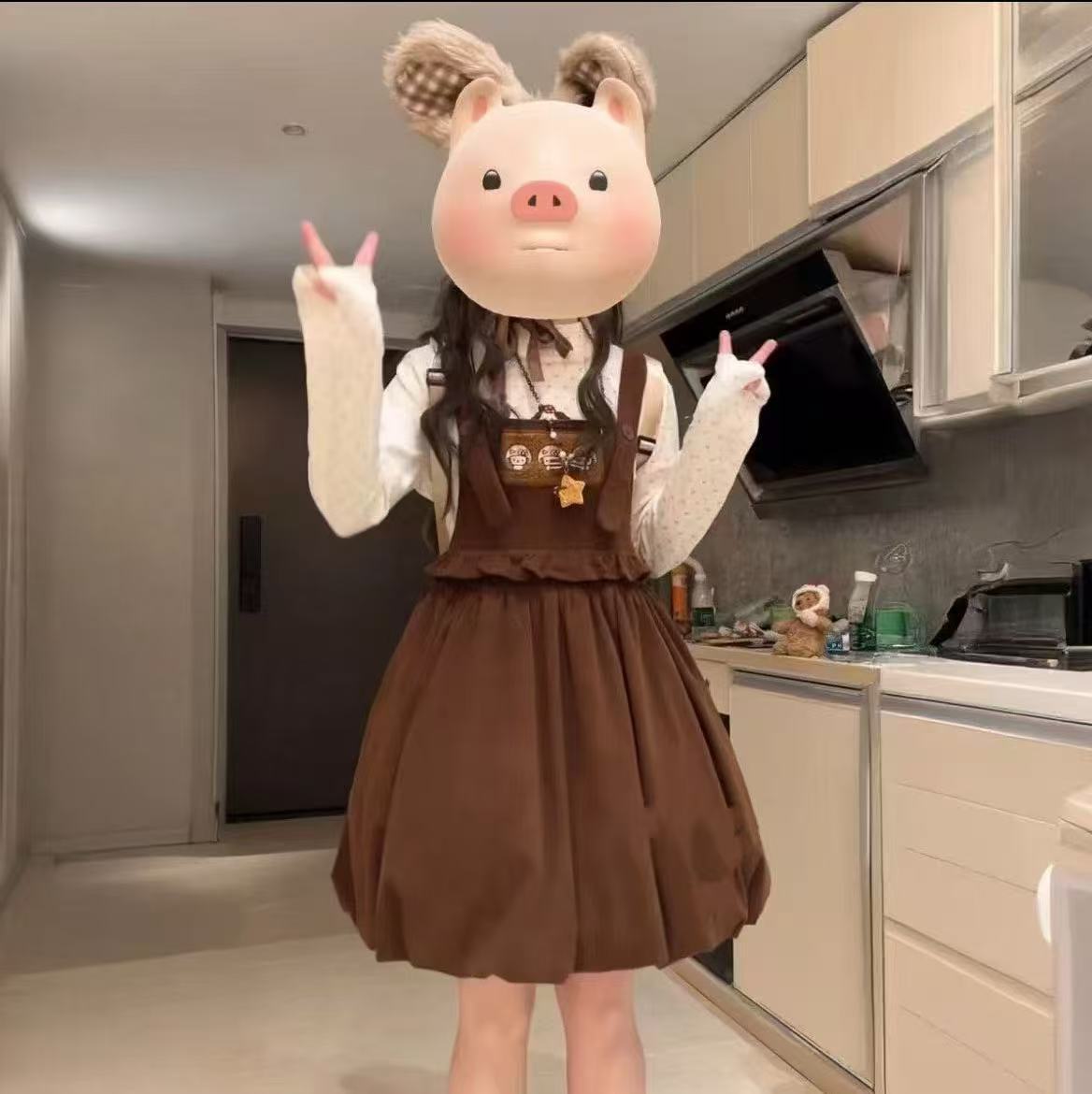 秋季日系软妹可爱学生蝴蝶结宽松花苞背带连衣裙套装8038
