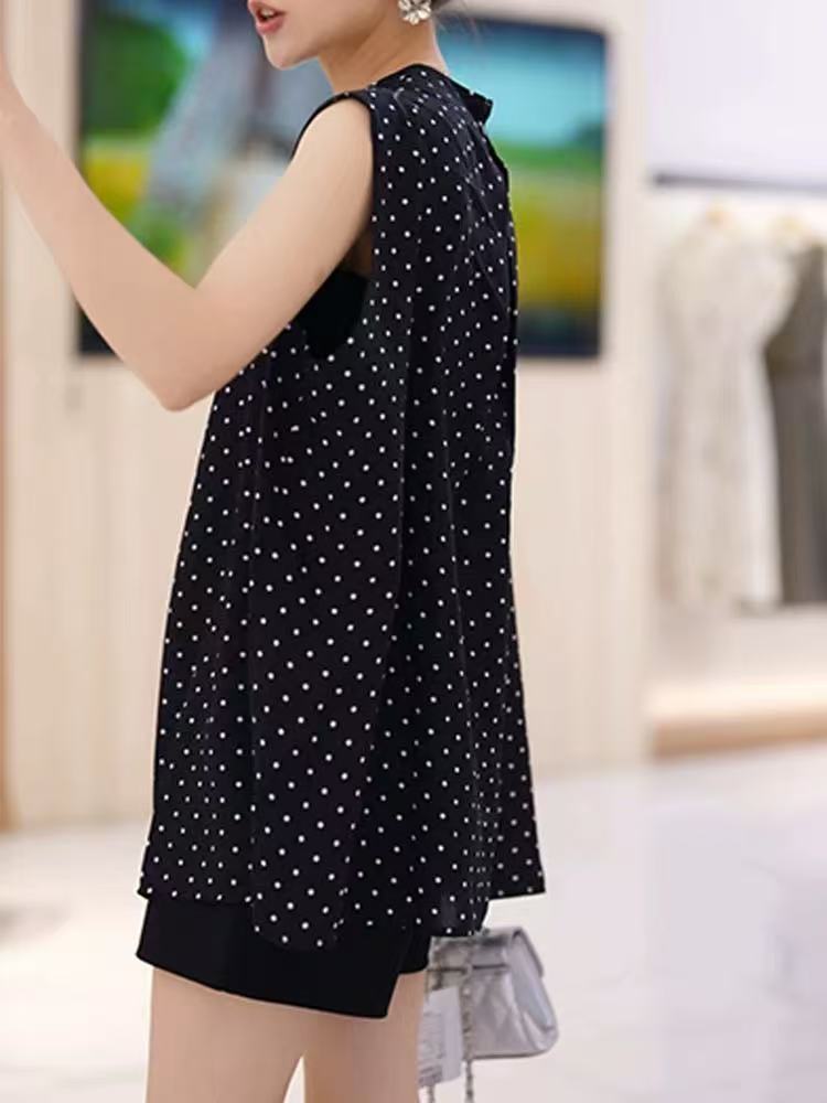 1522 Y330时尚高级波点法式翻领无袖轻奢背心夏季新款透气优雅