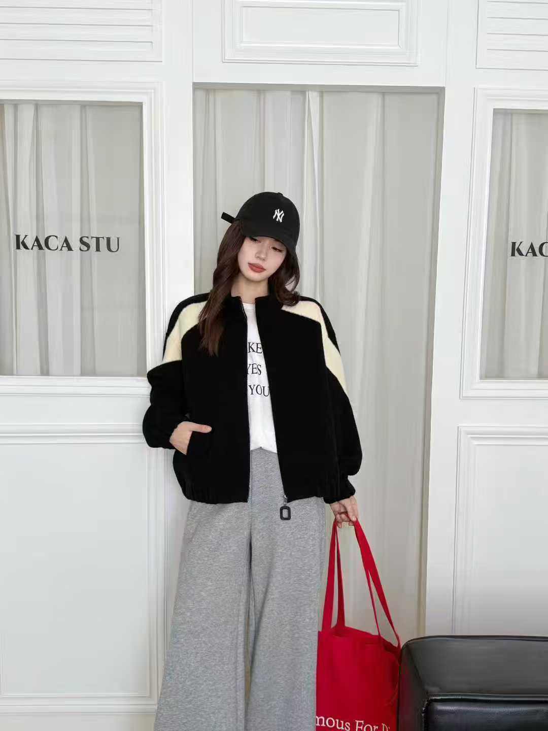 aBL滨莉家【杠条】韩系简约撞色宽松高级感珍珠呢外套