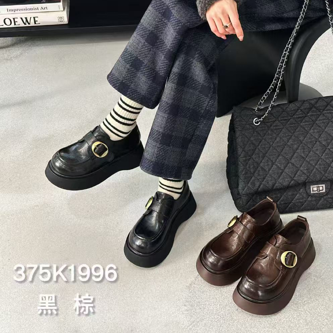 秋魔术贴一脚蹬乐福鞋深口英伦中跟单鞋纯色系扣胶粘