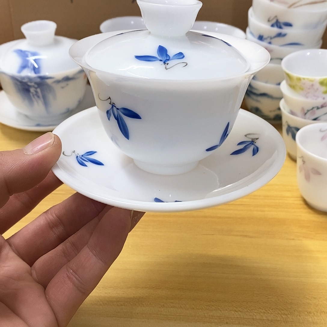 冰种玉瓷手绘盖碗（瑕）140