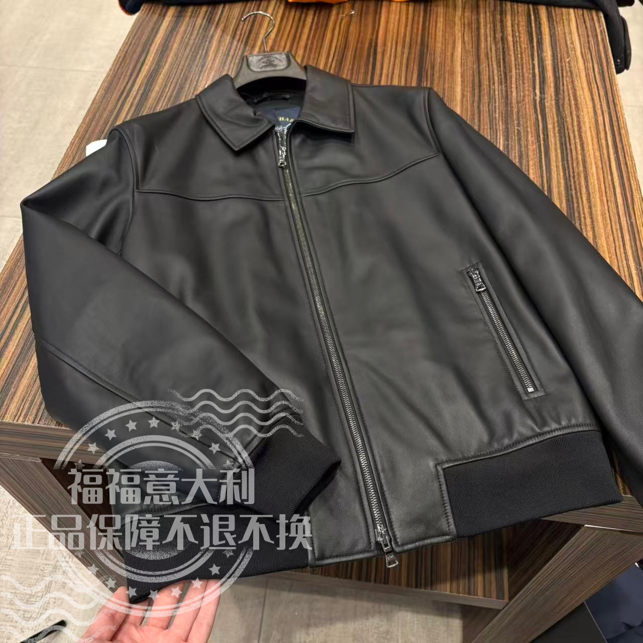 福福意大利 不退换 保鲨 男款黑色新标厚款皮夹克