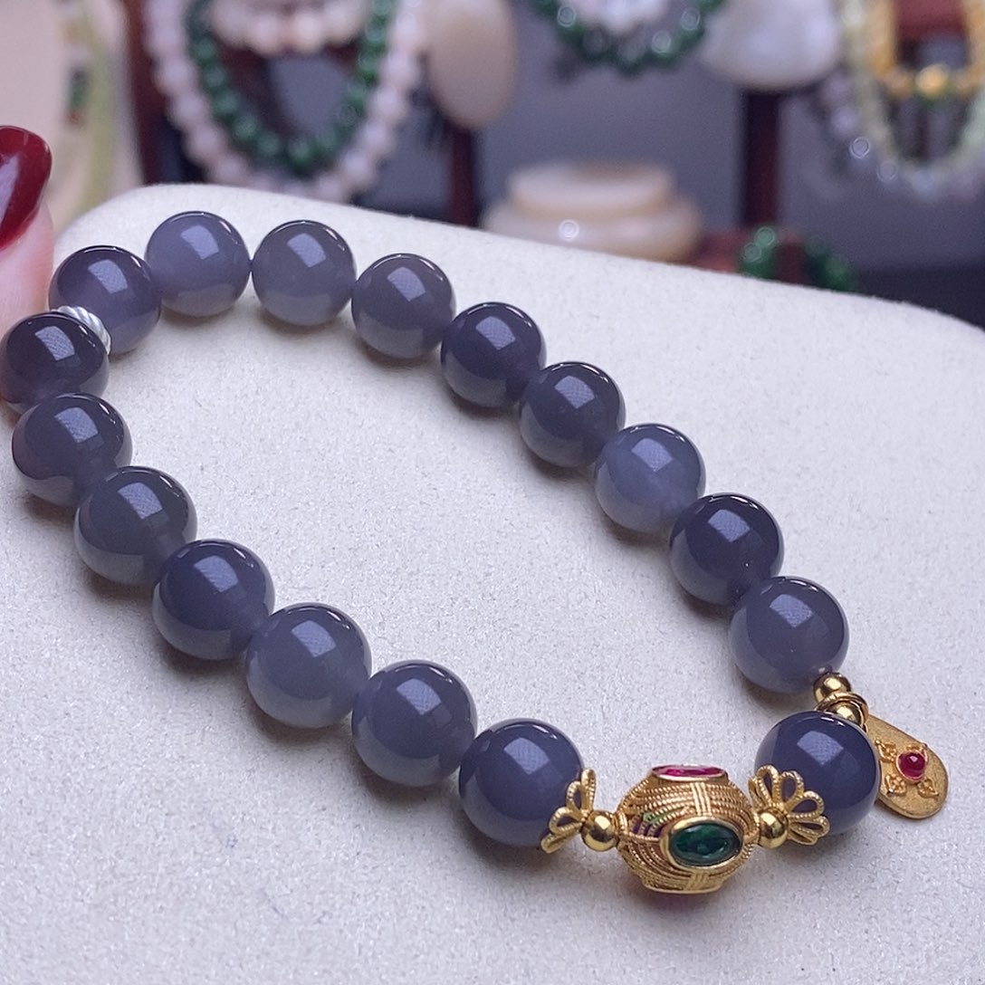 和田玉清货价浓烟紫帝王紫手链10m未镶嵌