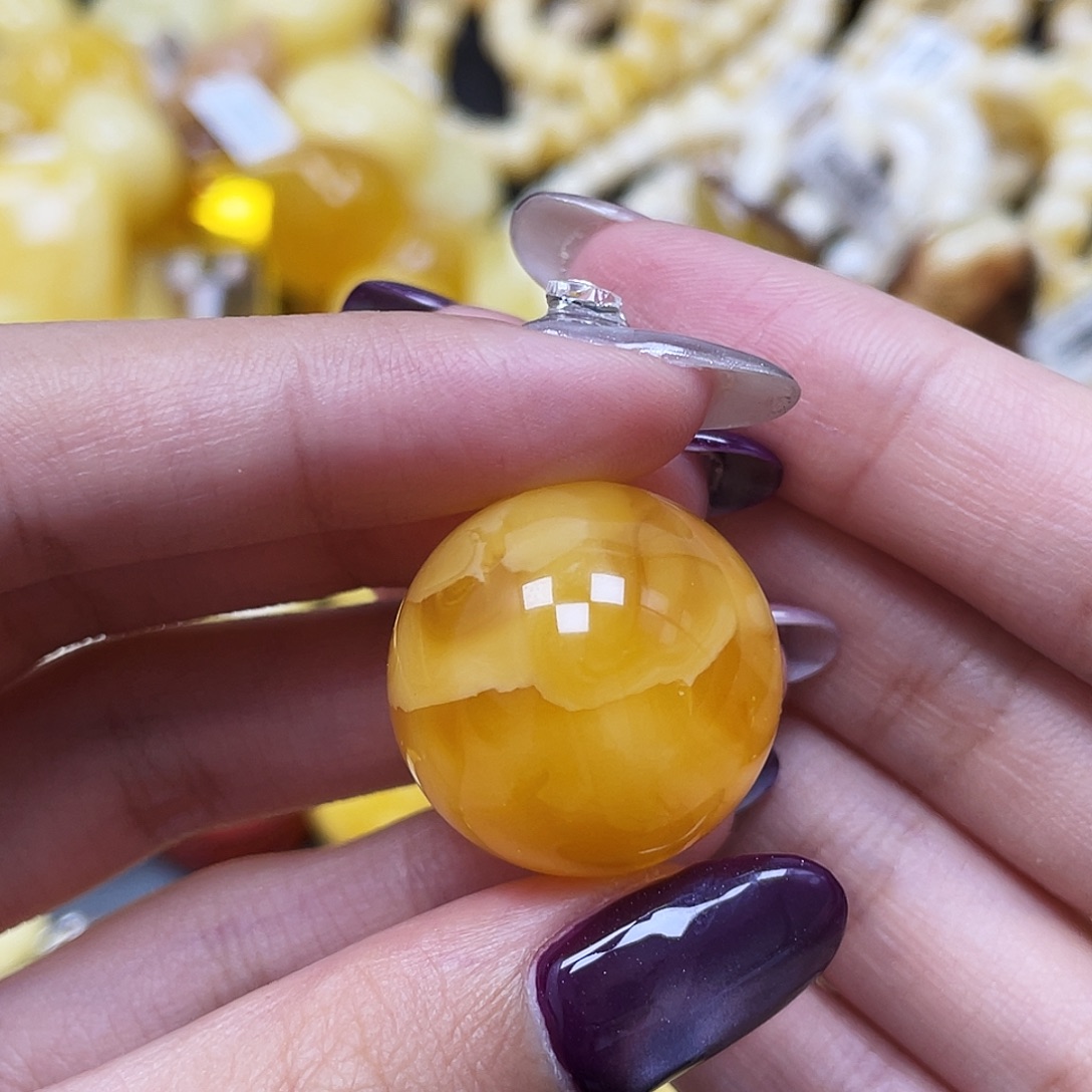 琥珀未镶嵌裸石23.9mm冰橘圆珠蜜蜡