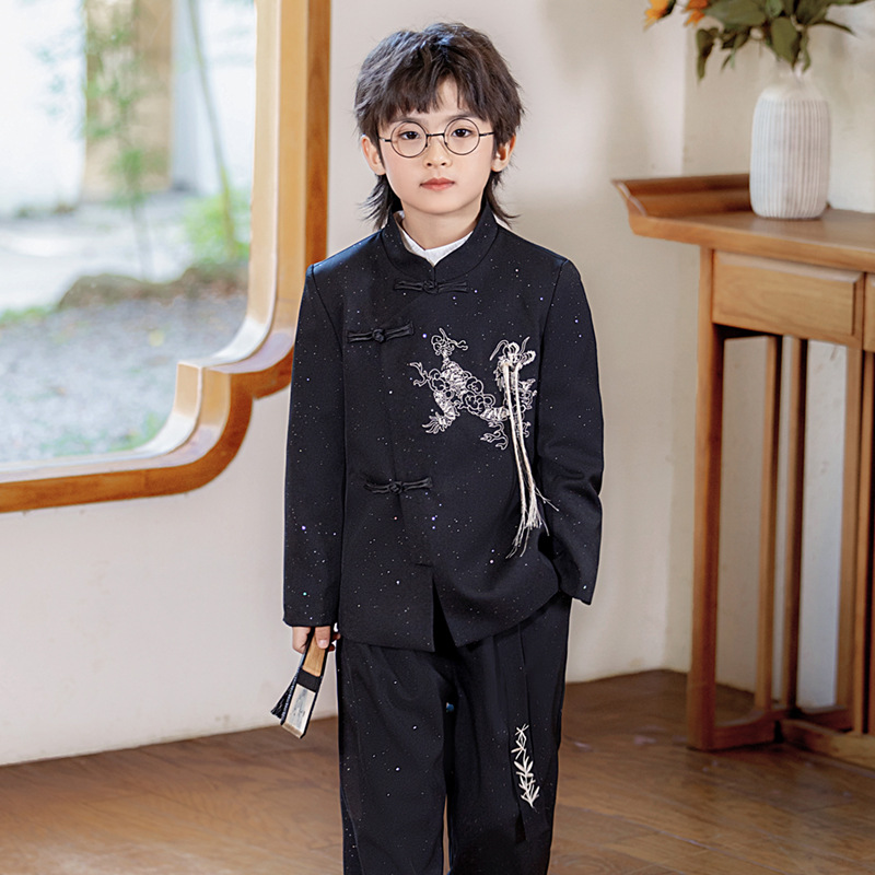 新中式汉服春秋款儿童唐装国风立领刺绣中山装主持朗诵演出服