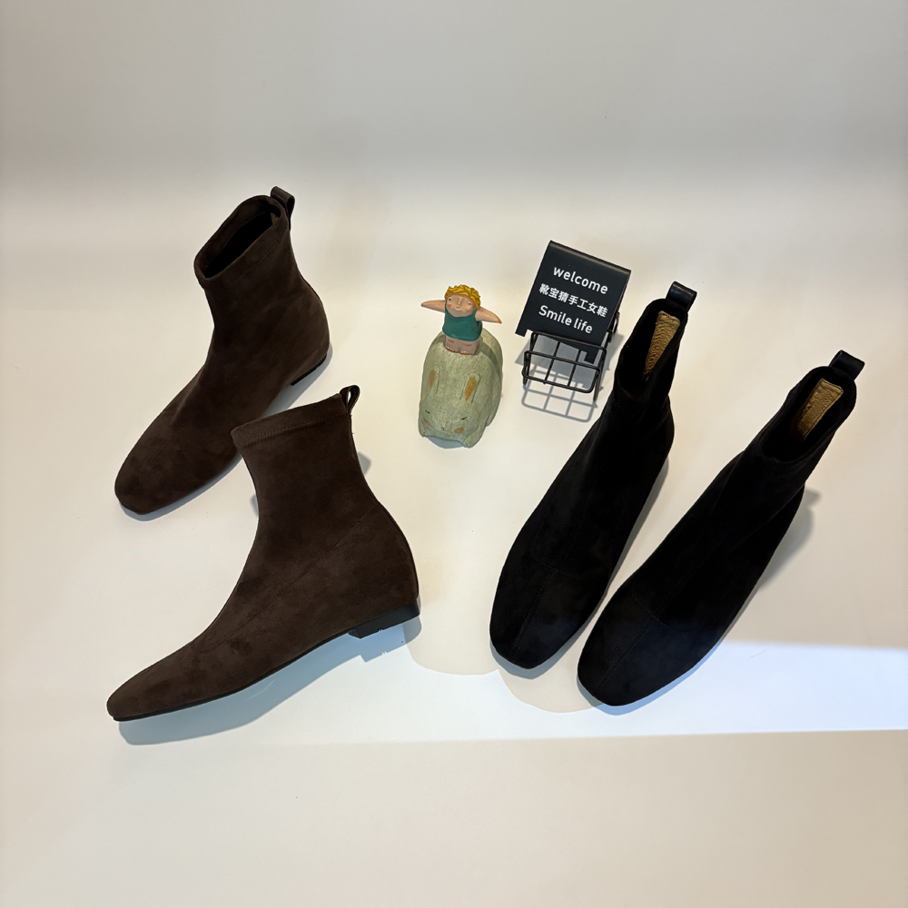 3.5厘米/时尚内增高瘦瘦靴女秋冬方头复古平底短靴法式绒面弹力靴