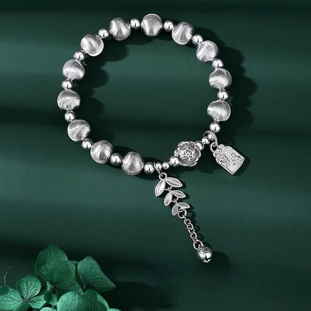 足银手链 银珠粒光贯契纹手链荷花竹叶吊坠招财麦穗条纹珠串精致