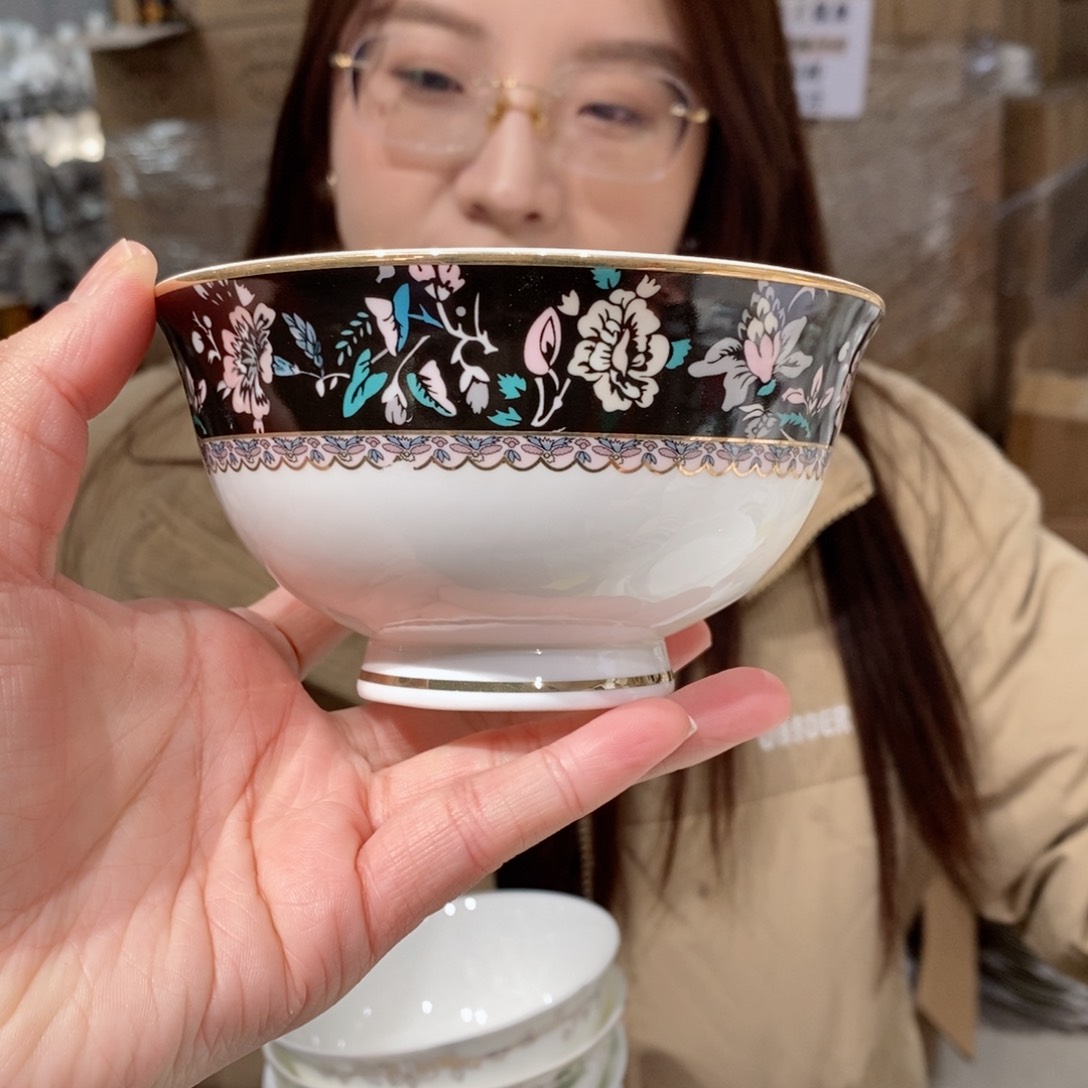 瓷骨瓷4.5英寸高脚碗米饭碗4只外贸尾单