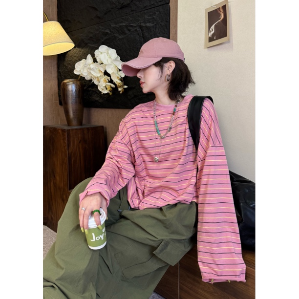 HY罗罗韩版春秋粉色条纹慵懒棉料宽松卫衣设计感百搭长袖时尚