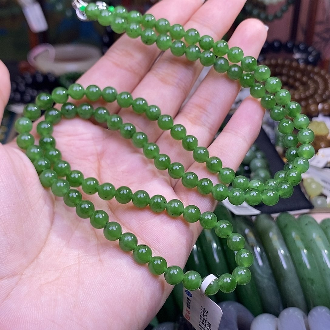 和田玉未镶嵌颈饰碧玉阳绿老矿料毛衣链6mm