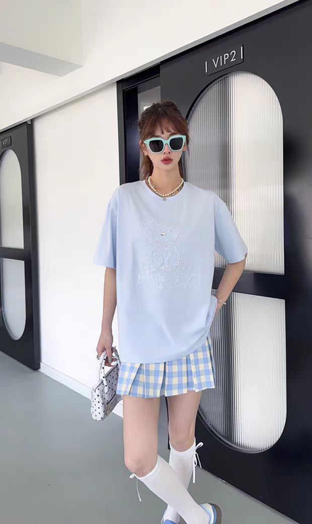 通勤圆领法式镶钻短袖常规款T恤轻奢休闲夏季潮流宽松半袖