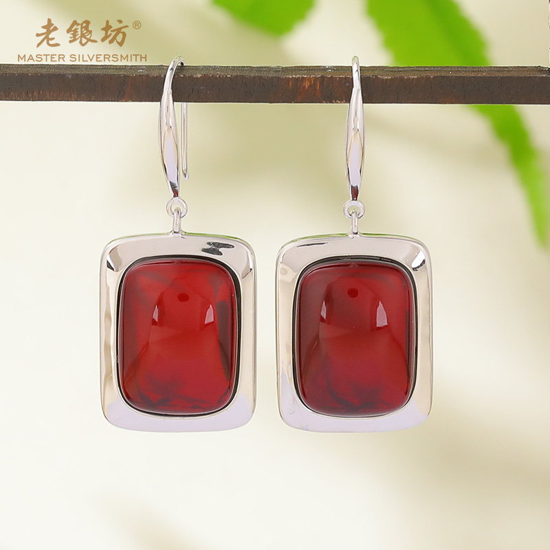 【老银坊】s925银琥珀简约方框耳坠 气质红色古风轻奢0014914