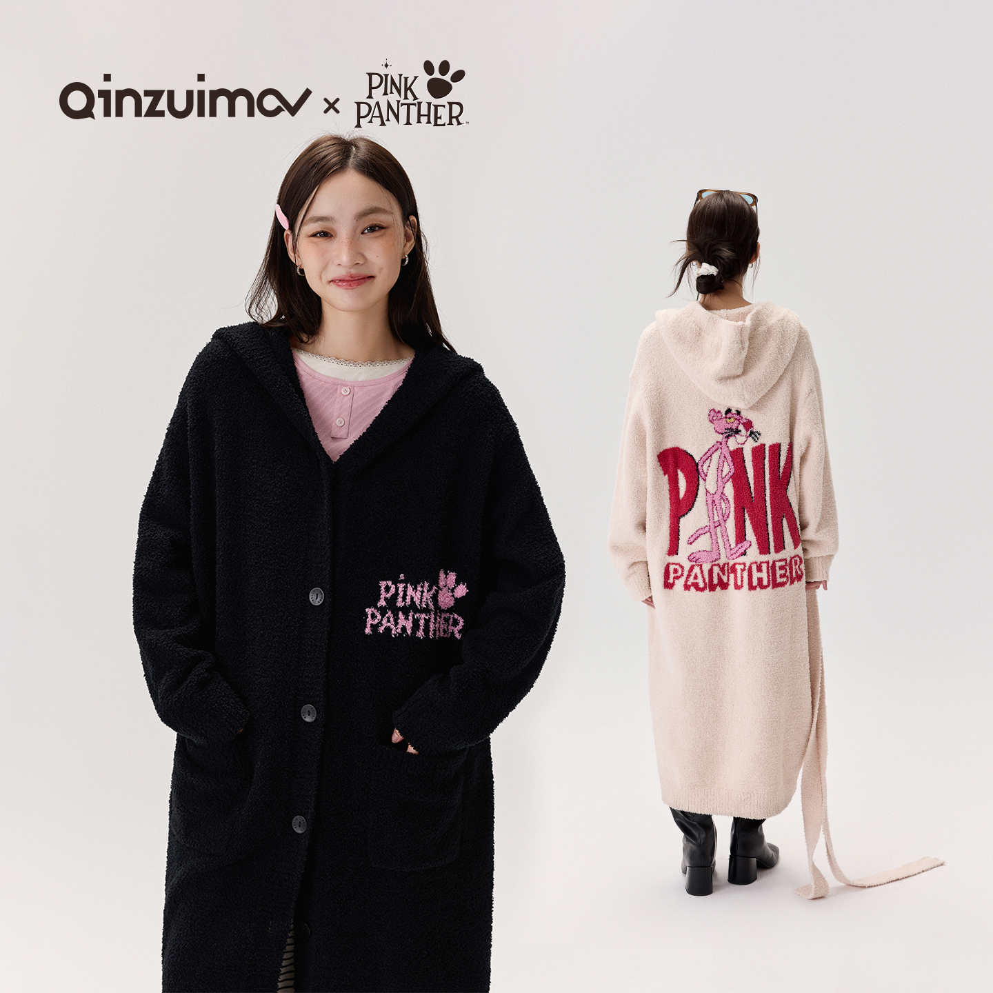 亲嘴猫【粉红豹联名】半边绒连帽保暖睡袍睡衣家居服浴袍秋冬季女