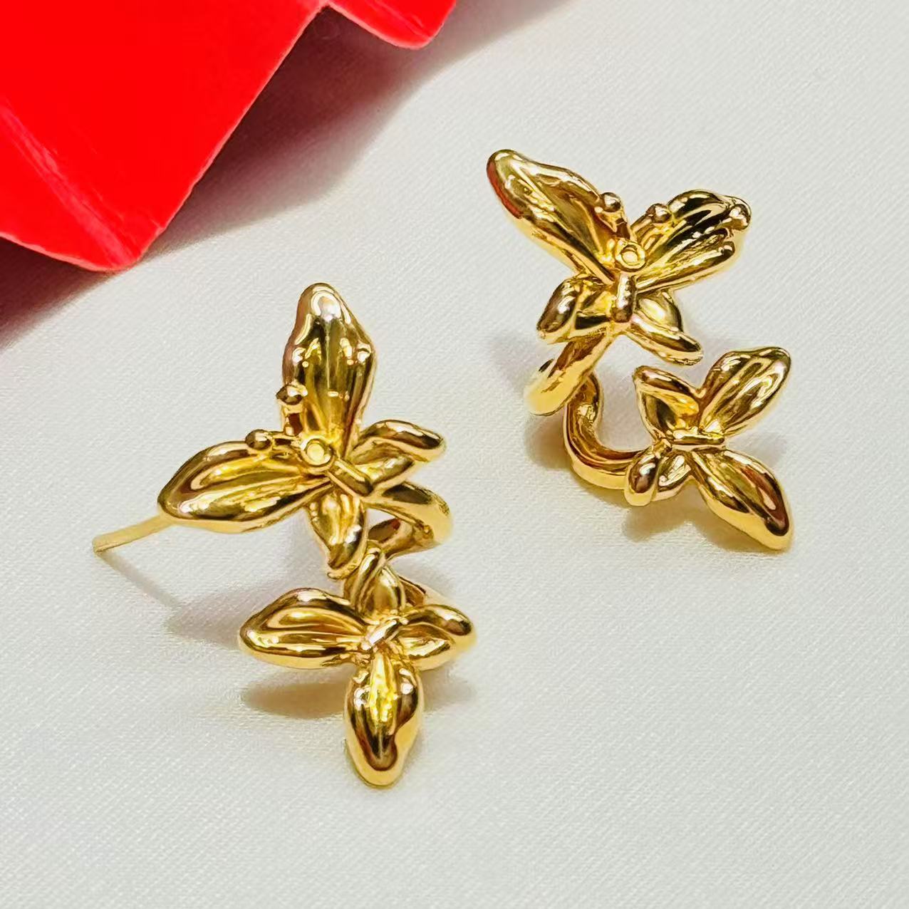 黄金足金999亮面蝴蝶5D硬金耳环