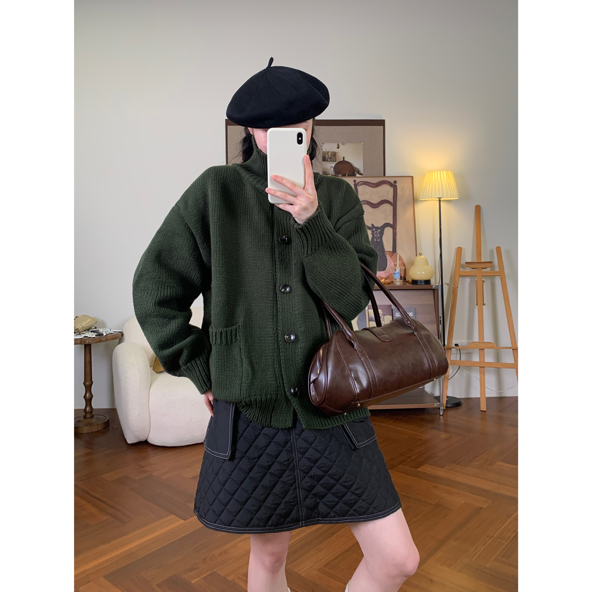 复古重工小狗绣花翻领毛衣外套韩版秋冬新款宽松百搭加厚针织开衫