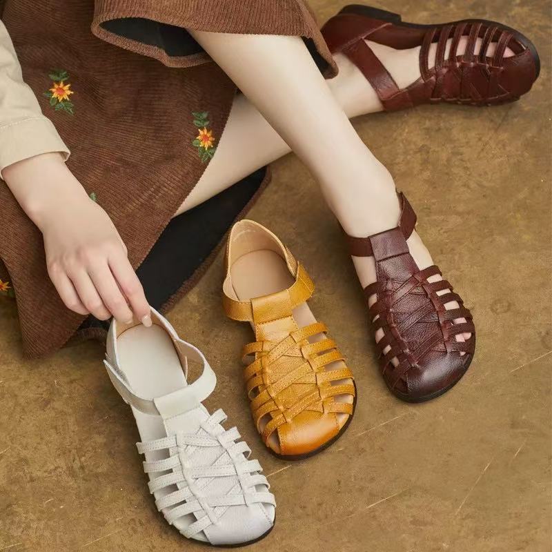 真皮复古包头凉鞋女外穿夏季平底罗马鞋子2025新款女士编织猪笼鞋