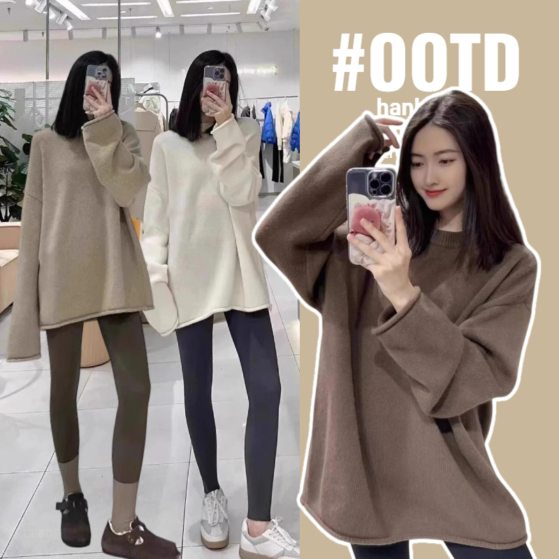 秋冬新款孕妇装软糯圆领毛衣内搭慵懒风宽松中长款针织衫上衣