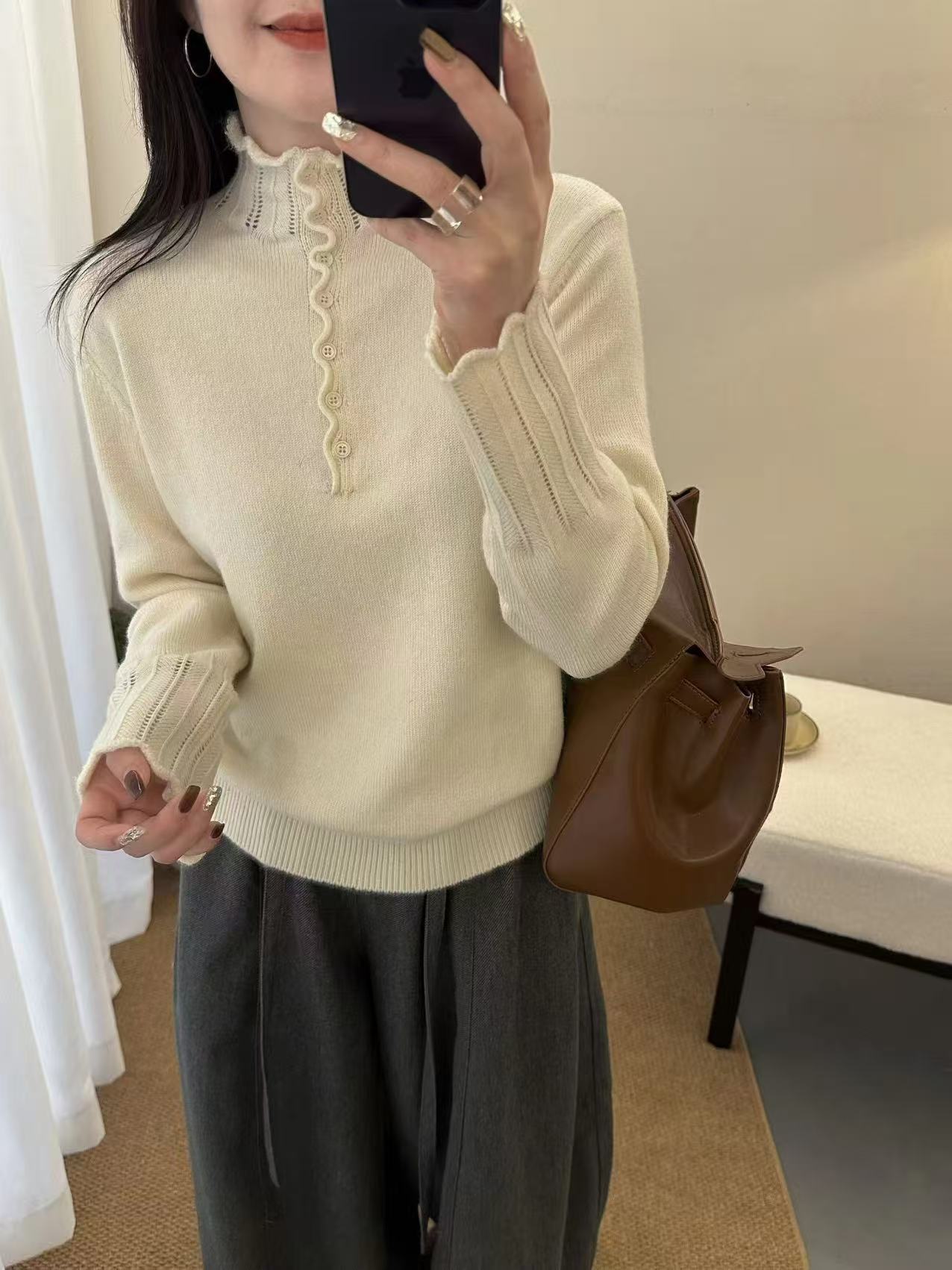 半高领波浪半开扣镂空宽松百搭打底衫纯色毛衣女6605