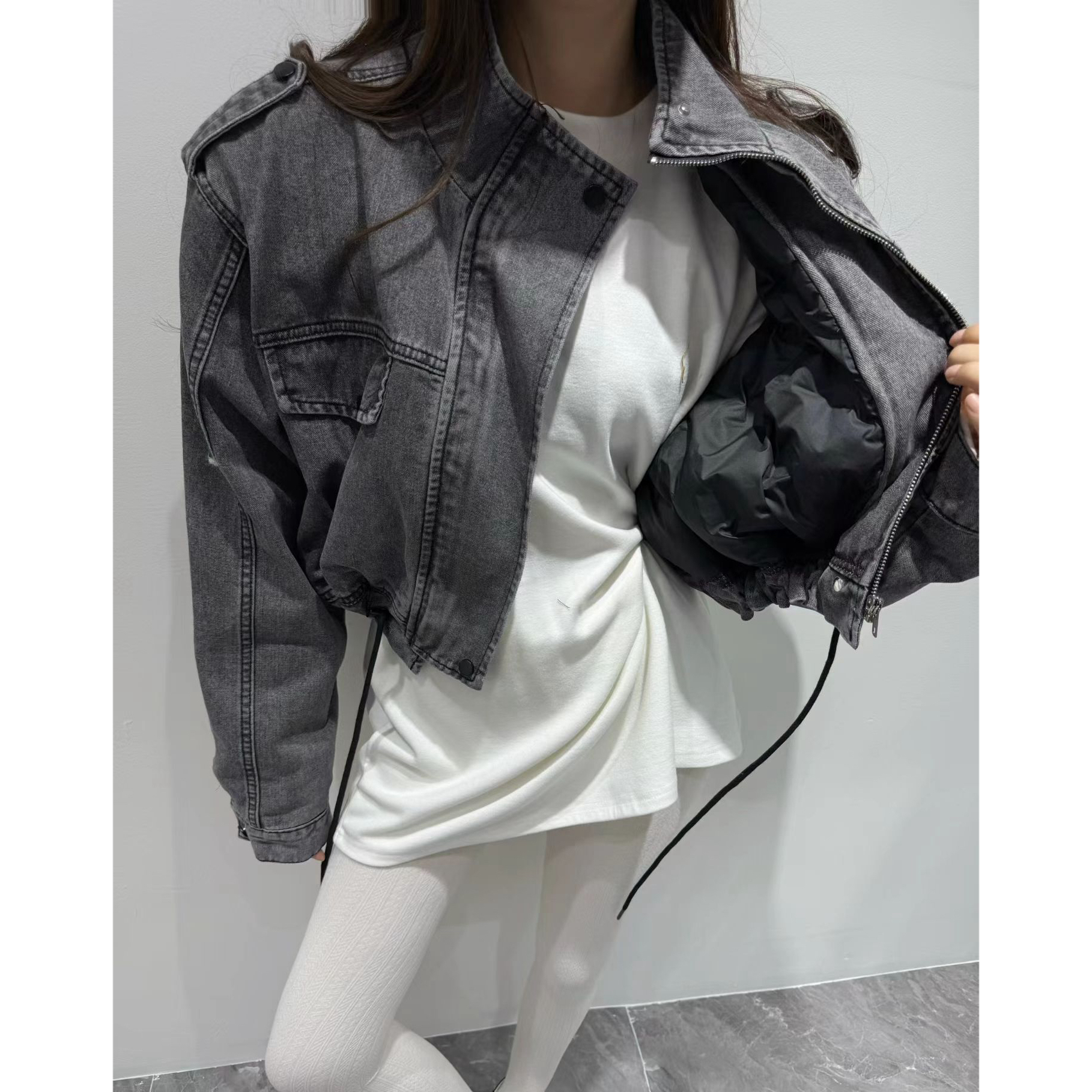 【大敏家】2025港风抽绳立领水洗牛仔羽羽外套