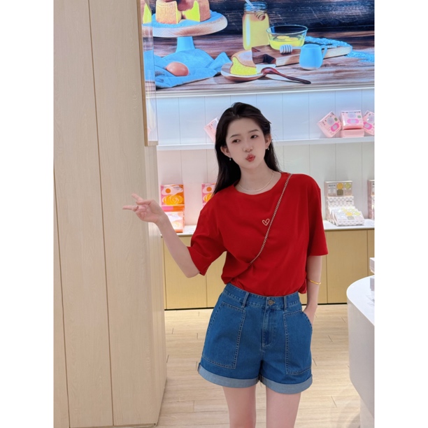 GIRDEAR/哥弟「落花为信」圆领截短设计感休闲短袖T恤女1300790