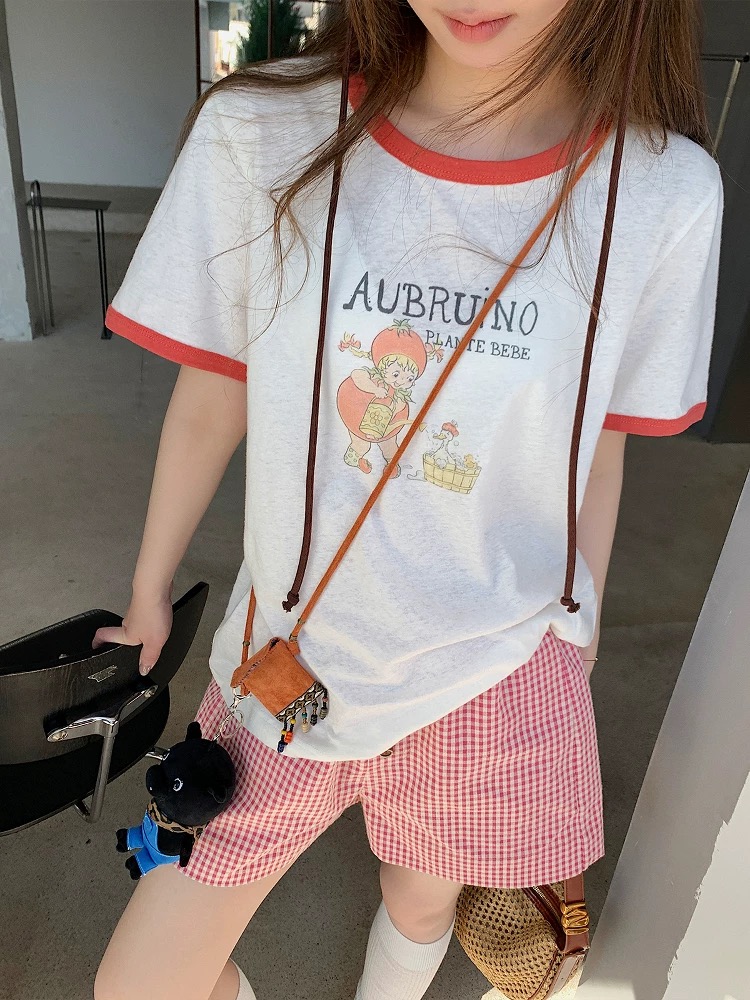 AUB25春夏新款农场宝宝亚麻拼色螺纹T恤