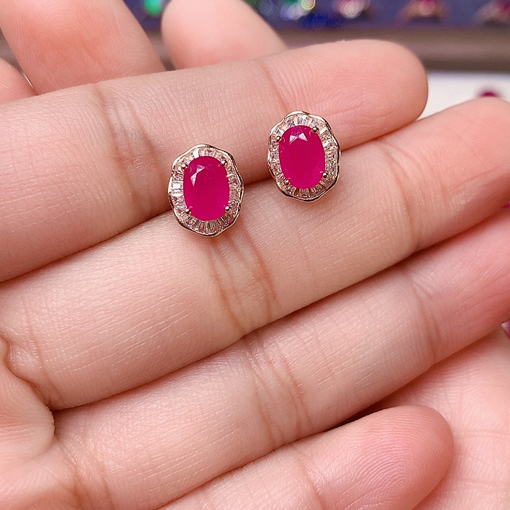 红宝石耳饰银S925镶嵌