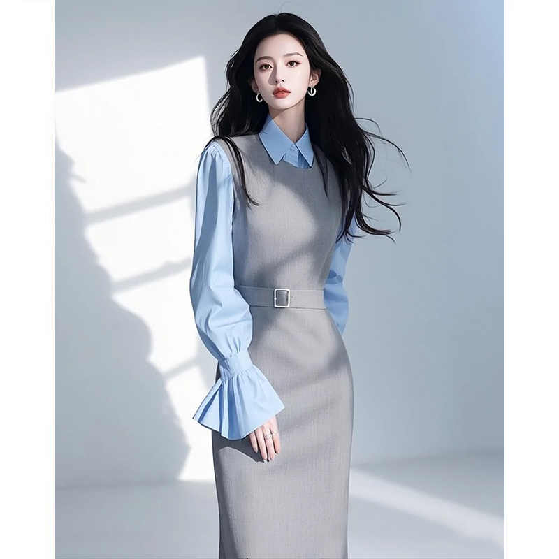 时尚百搭修身显瘦时尚套装女春季新款灰色背心连衣裙叠穿衬衫套装
