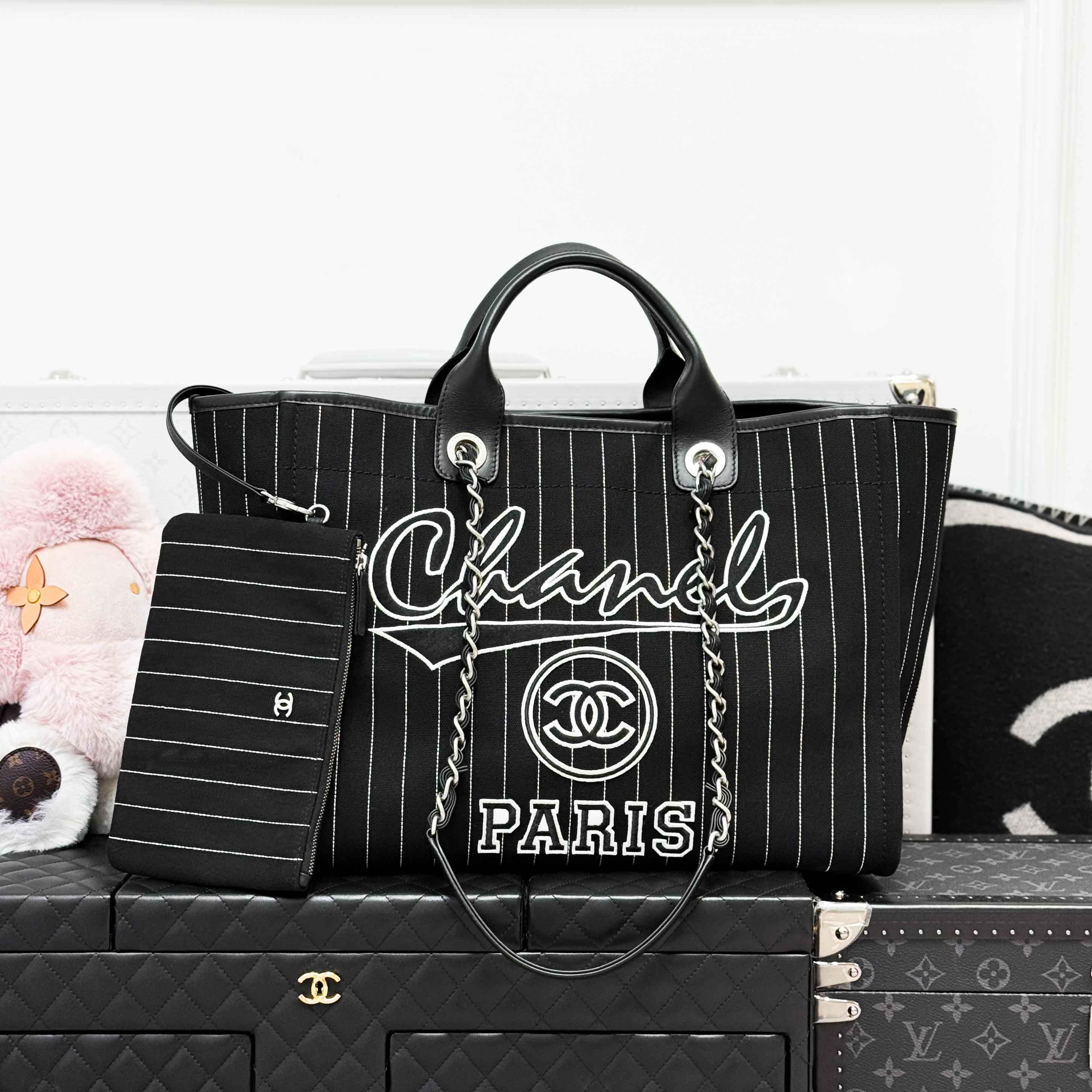 99新 Chanel/香奈儿 23P黑色白条纹刺绣字母沙滩包单肩包，子母包