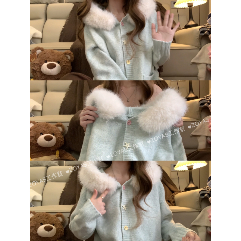 韩系海盐风渐变毛领毛衣女秋冬连帽针织开衫外套肌理感奶呼呼上衣