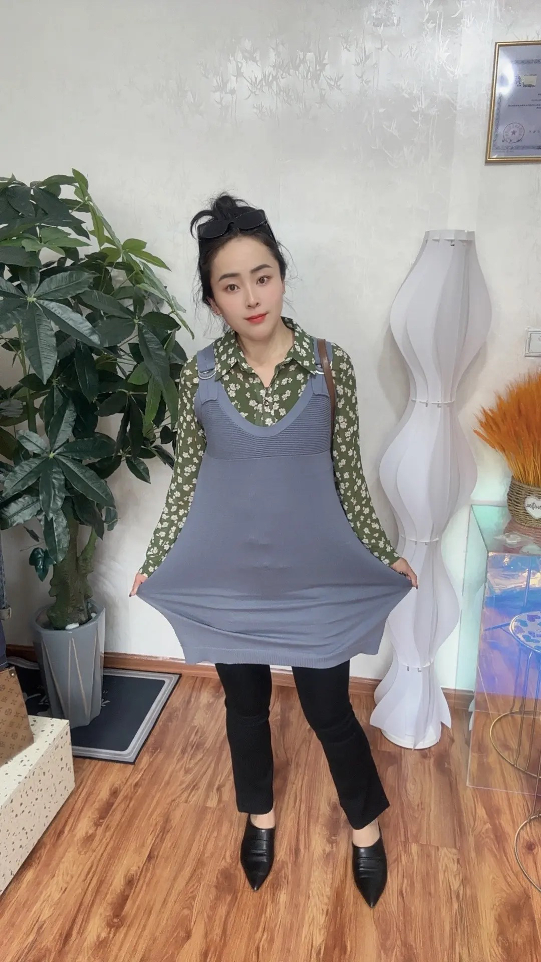 （19）女装纯色系带中长款吊带淑女针织衫连衣裙