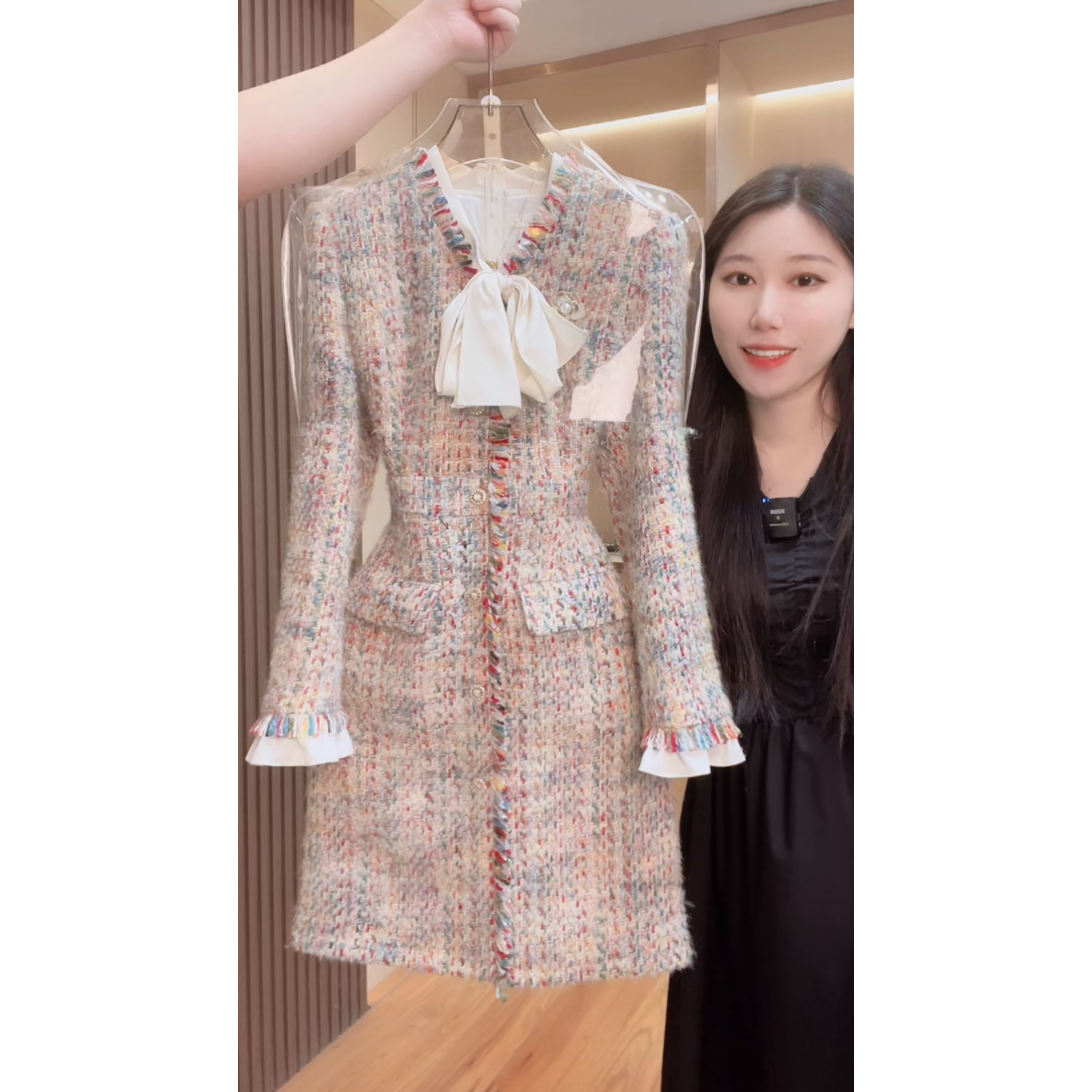 【门店飞】2397囯内设计师品牌女装气质收腰长袖连衣裙2