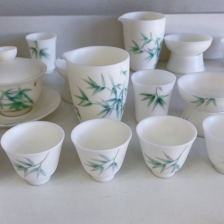 高冰素烧元宝盖碗160盖碗套装手绘竹节节装