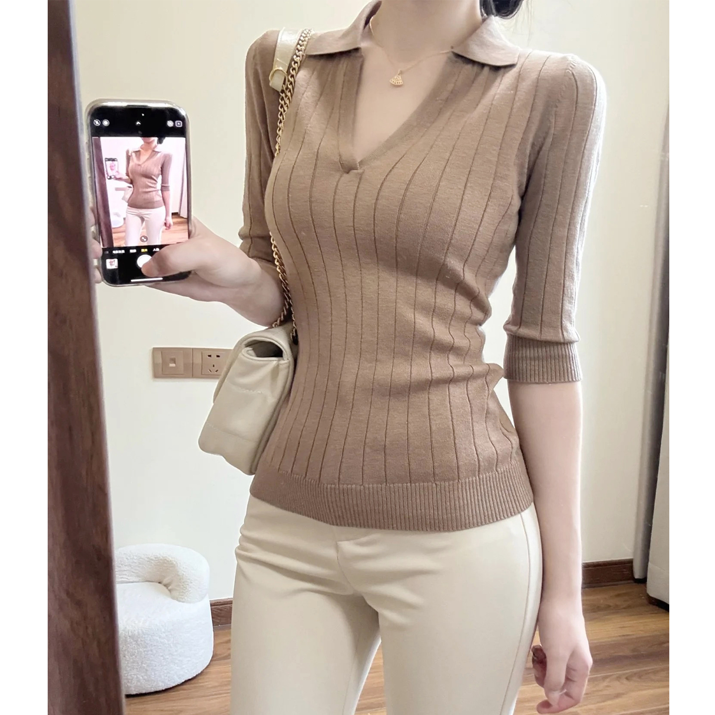 翻领中袖针织衫女2025春秋季设计感后腰系带修身显瘦内搭打底上衣