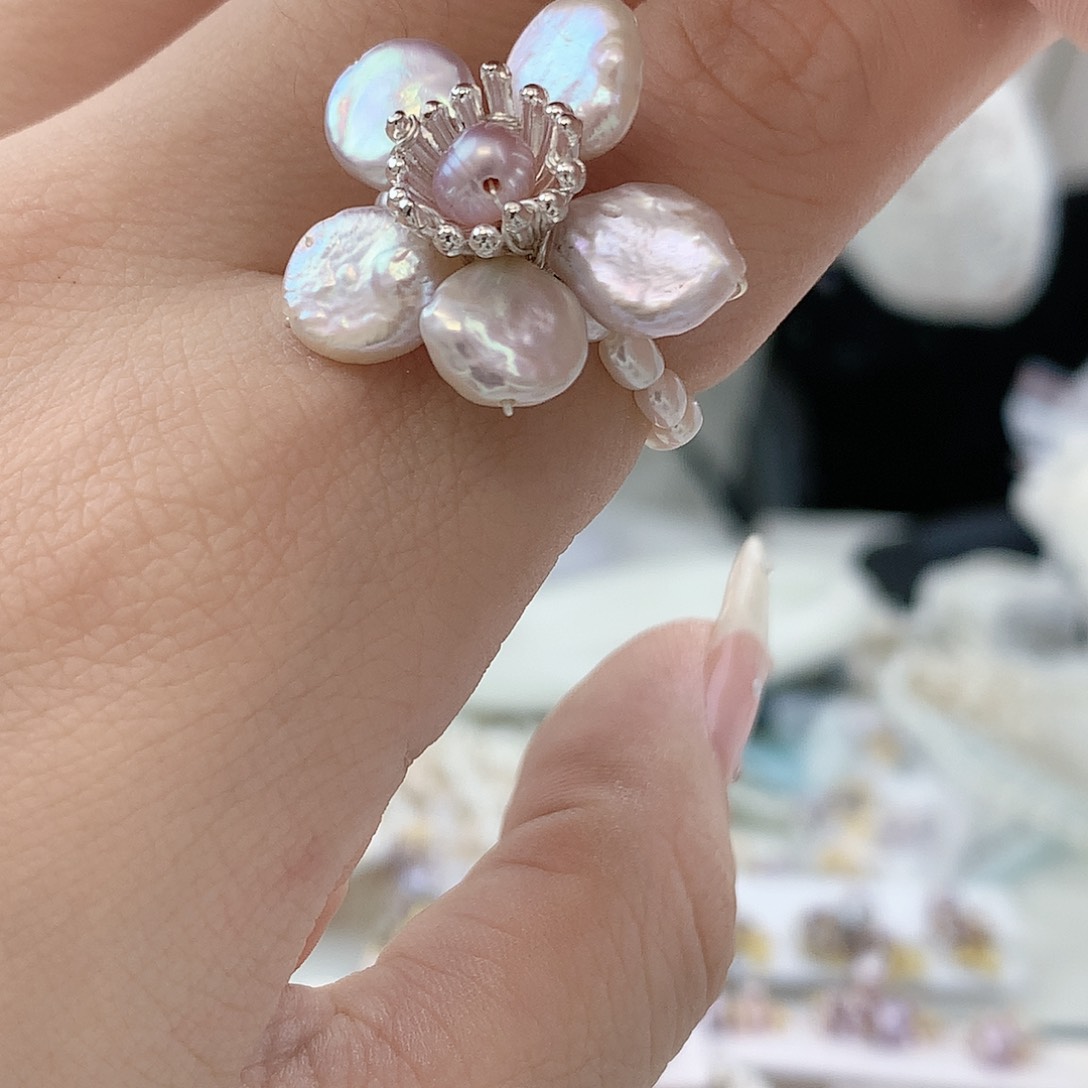 银S925镶嵌耳饰淡水珍珠纽扣戒指