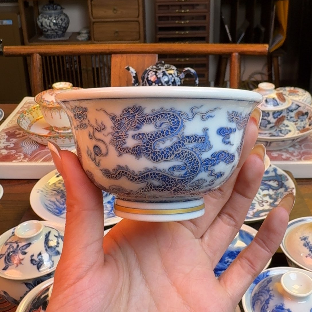 杯重工描金银点工五龙青花压手杯纯手绘