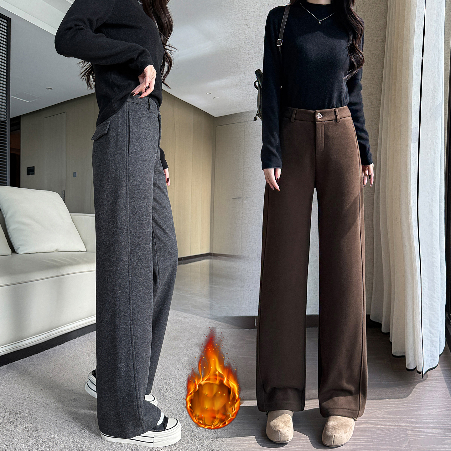 2025小个子秋冬加厚加绒阔腿裤新款宽松慵懒风高腰休闲裤