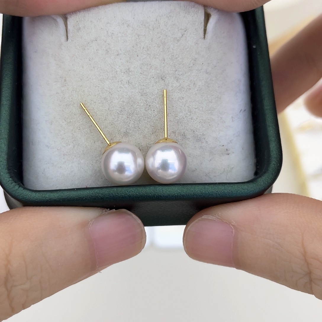 海水珍珠耳饰18K金镶嵌8-8.5素钉