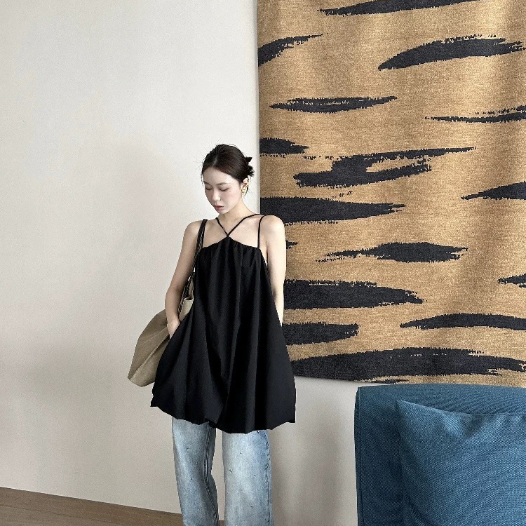 法式时尚设计感双肩带花苞无袖吊带裙连衣裙W5478