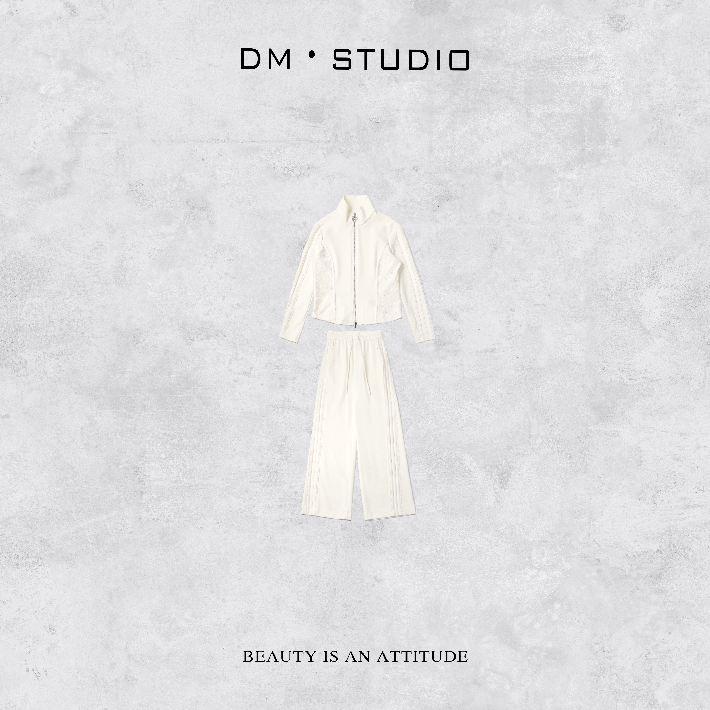 DEDM-DM•STUDIO/蕾丝绣花拉链外套+拖地直筒长裤套装（25T-060）