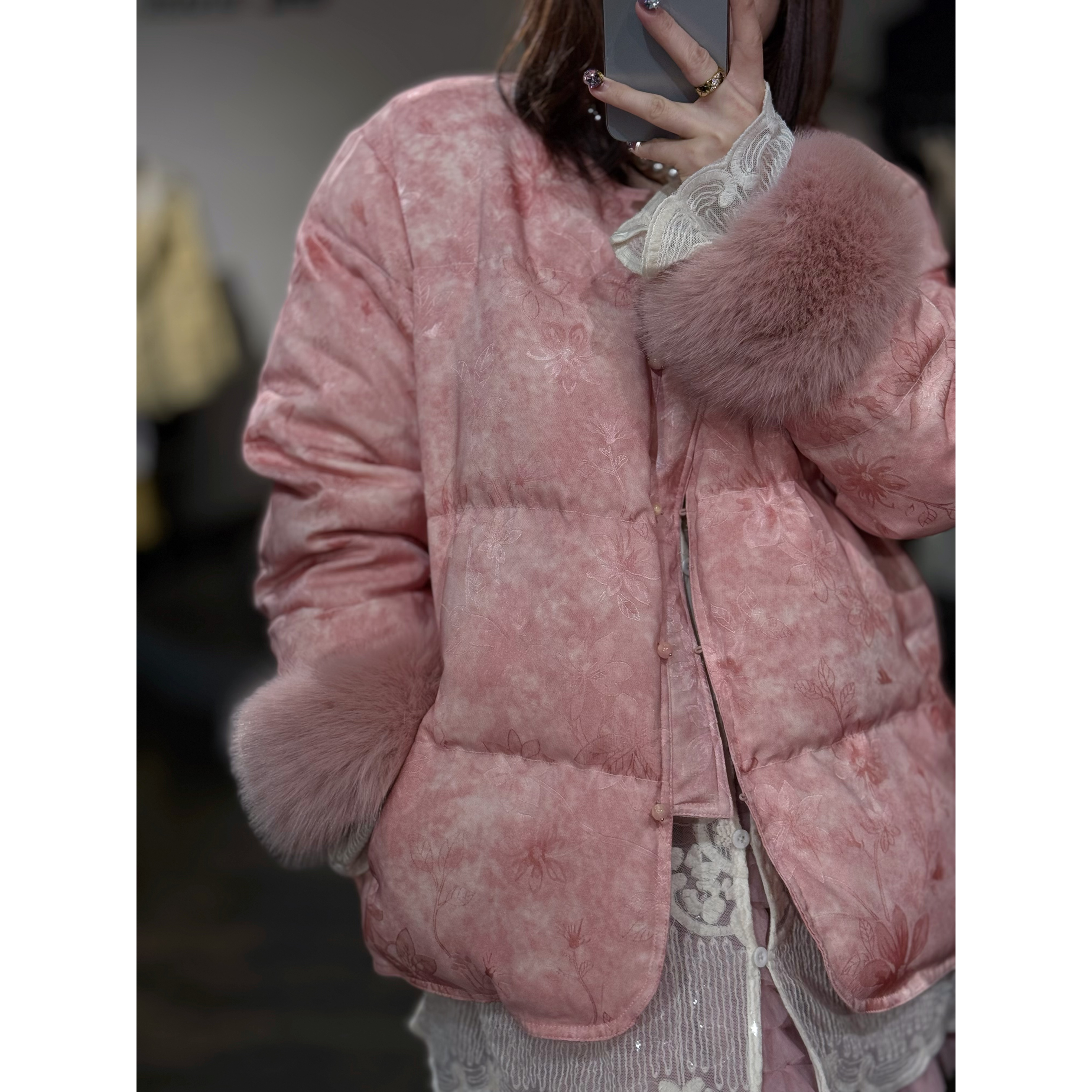 A3大码胖M新中式冬季提花毛毛袖高级气质保暖国风上衣外套