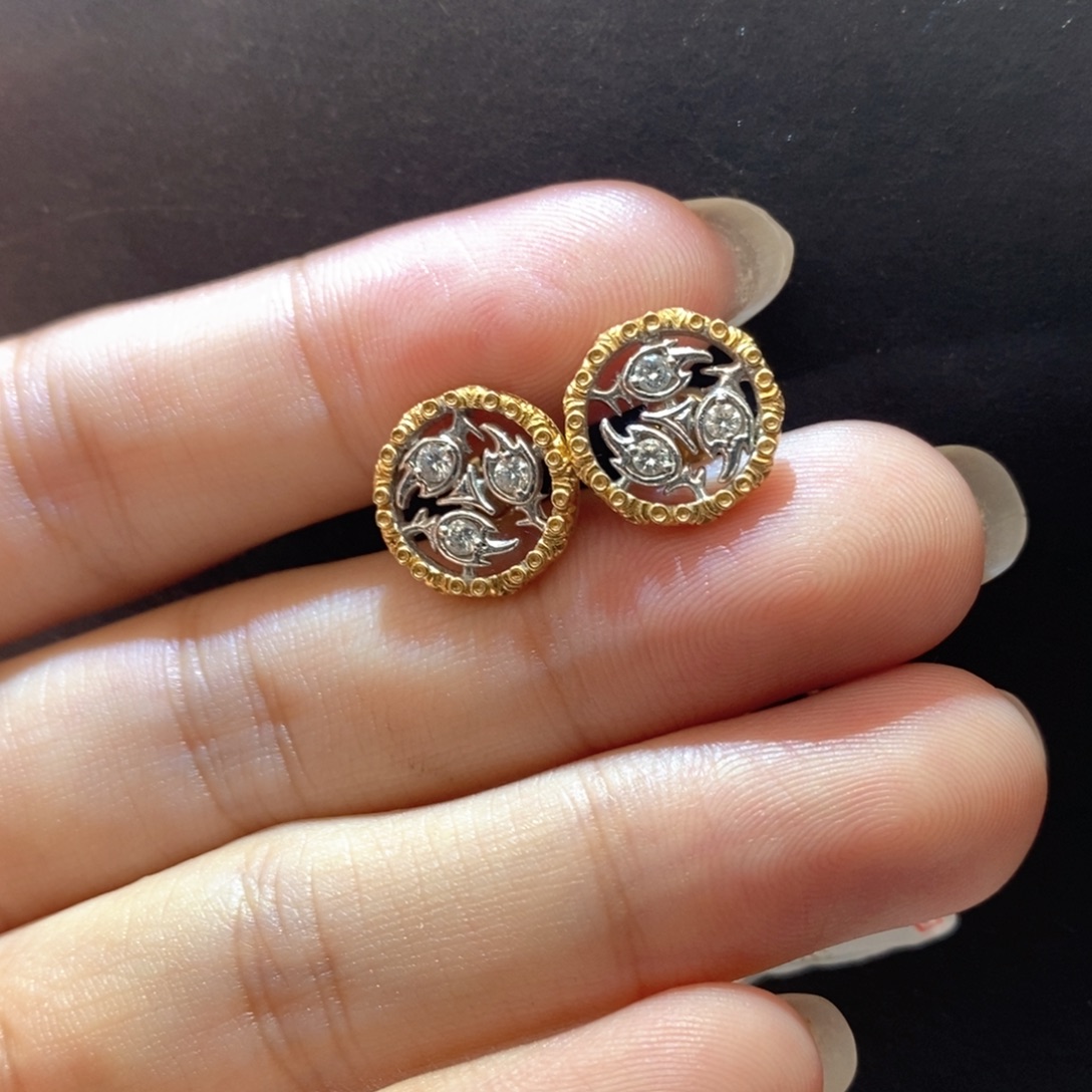 钻石耳饰18K金镶嵌树叶分色耳钉