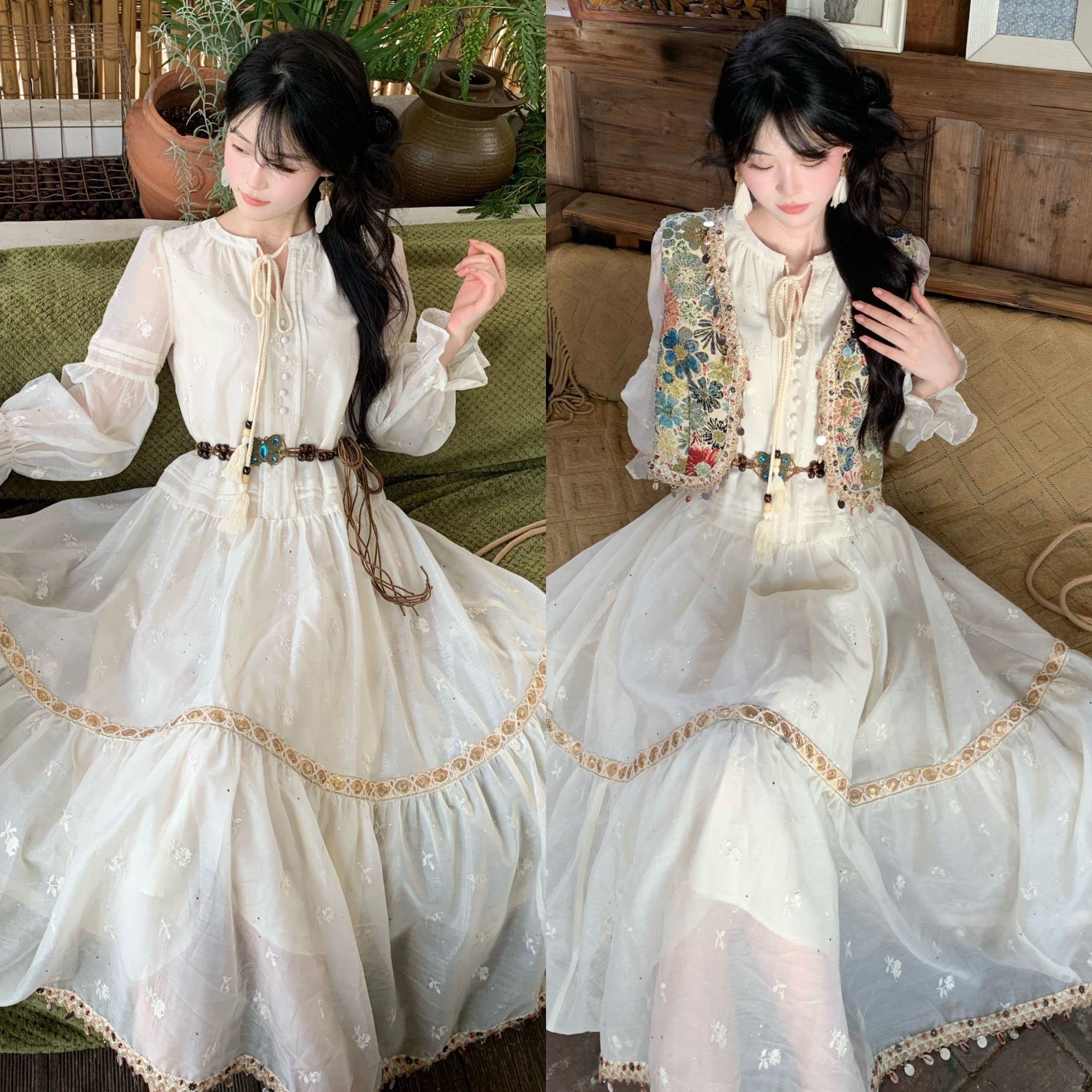 Blovelan天方夜谭 民族风拼接连衣裙+油画感马甲