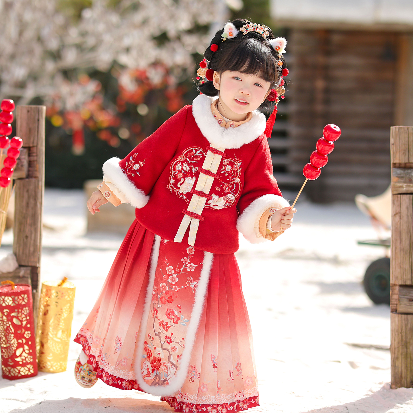 【小红梅】女童马面裙冬季新款小女孩新中式过年喜庆拜年衣服新年装