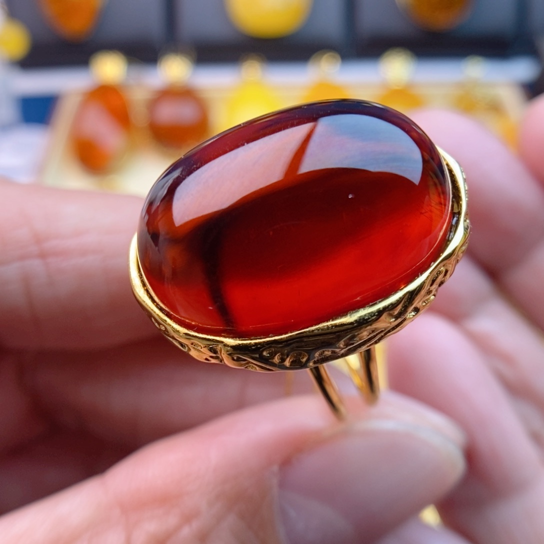 琥珀戒指银S925镀金镶嵌