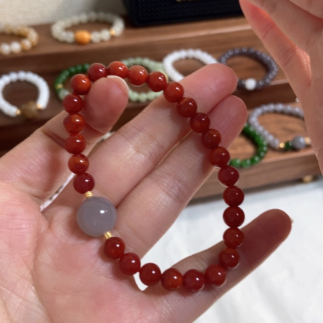 南红玛瑙手链银S925镶嵌6mm南红