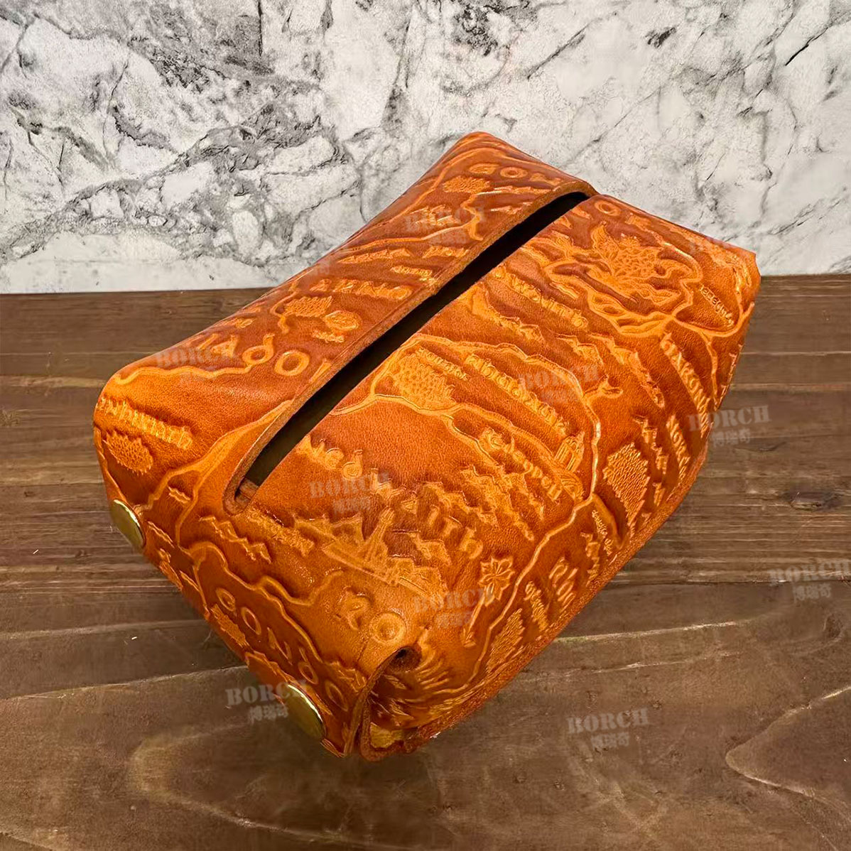 博瑞奇复古头层牛纸巾盒摆件地图纹家用便携桌面装饰摆件10045