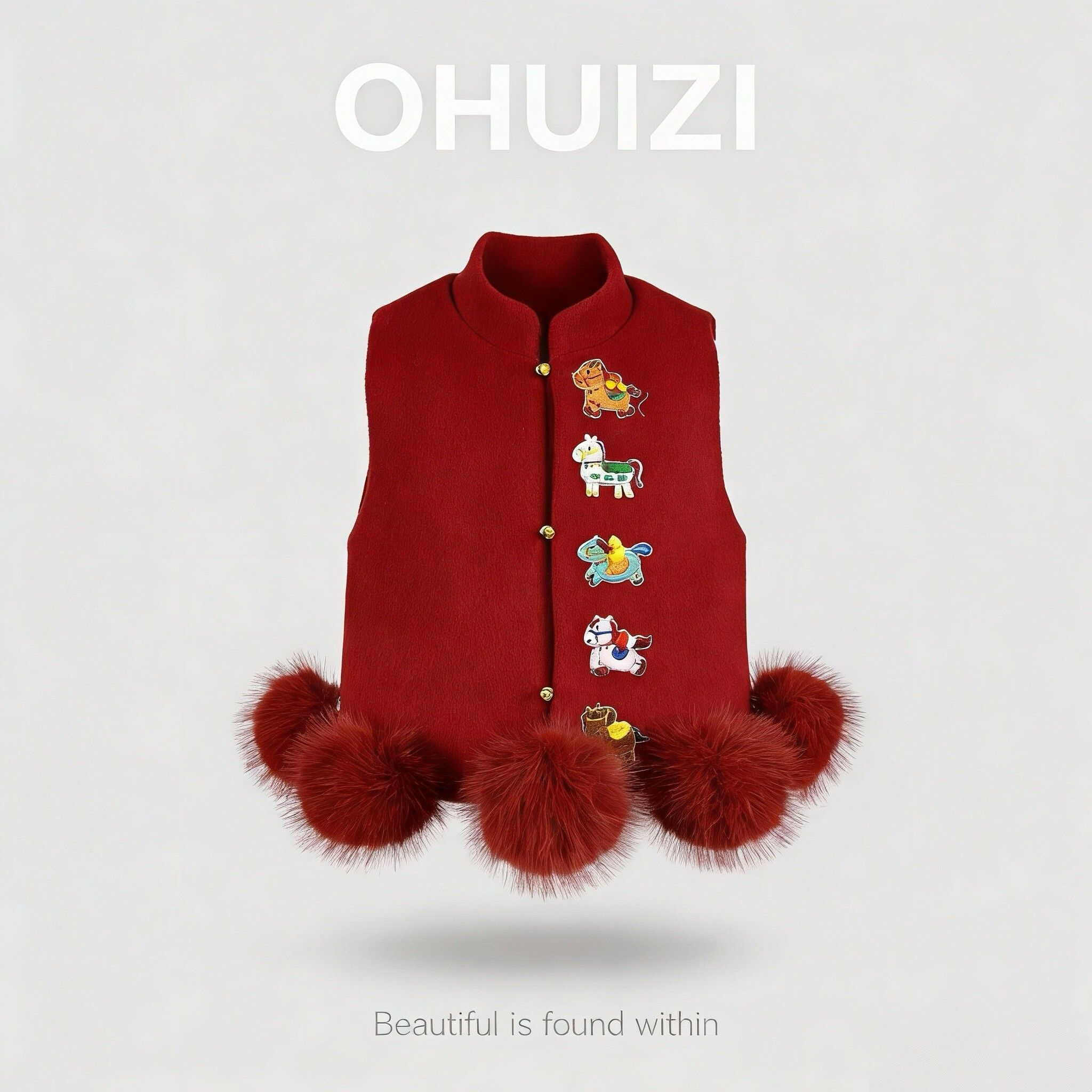 OHUIZ【瑞马守岁】设计师童装中式马甲套装加棉红色年服国风亲子装