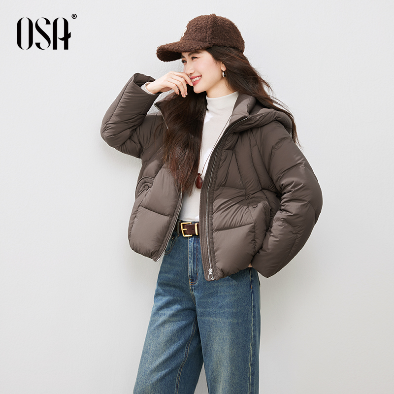【细说定制】欧莎连帽立领白鸭绒女保暖宽松短外套面包服S125D20004