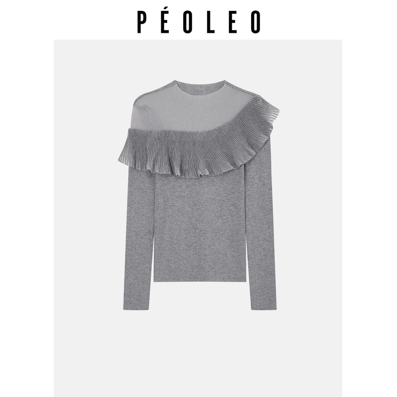 飘蕾冬季新款时尚百搭修身半高领荷叶边针织打底上衣DJ0107039